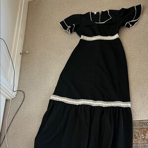 Vintage Black Maxi Dress with White Trim